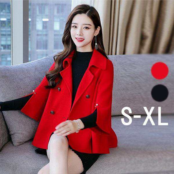 ケープ コート マントコート アウター チェスター レディース 女性 秋服 冬服 体型カバー 暖かい 20代 30代 40代 ブラック レッド 母