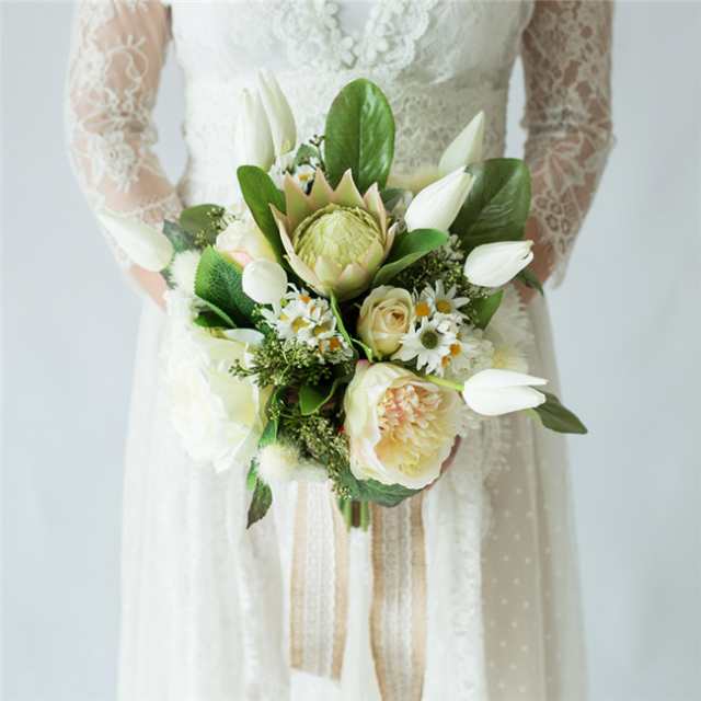 ホワイト【ブーケ】ウェディングブーケ/造花ブーケ/ブライダルブーケ/ラウンドブーケ/トスブーケ/結婚式/花束【直径約30cm】 ドレスと合わせて 撮影ブーケ