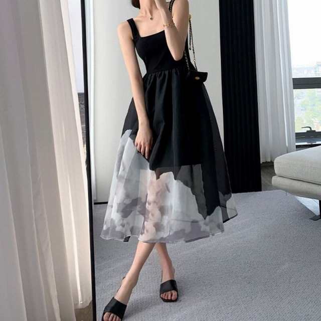 ワンピース キャミソール ドレス ミモレ ノースリーブ スクエアネック フレア 細身 シフォン ハイウエスト レースアップ 透け感 シースルー 大人可愛い カジュアル 上品 個性的 クール エレガント モダン 主役級 ラブリー キュート マーブル 春 夏 二次会 披露宴 ママ デート ワンピース キャミソール ドレス ミモレ ノースリーブ スクエアネック