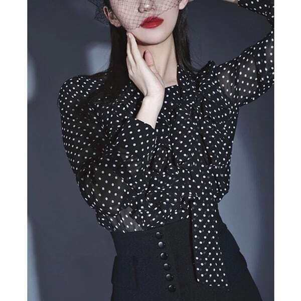 ボウタイ ドット シフォン ブラウス トップス ブラウス 長袖 ボウタイ