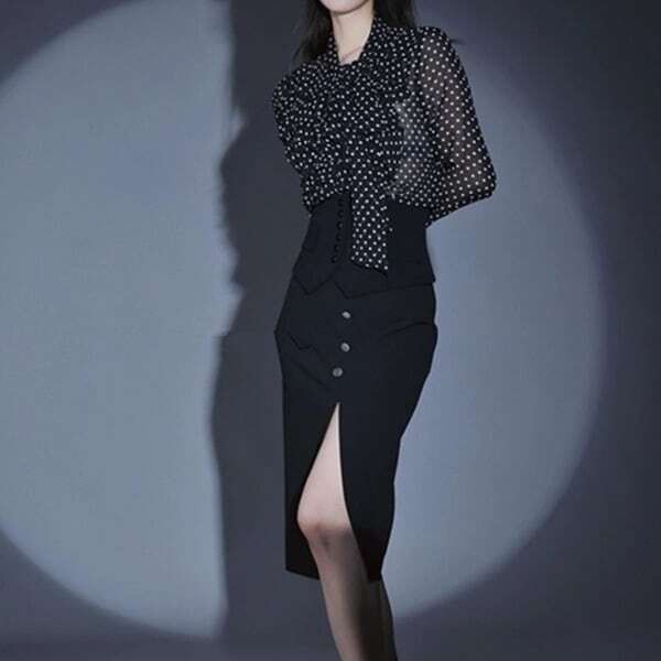 ボウタイ ドット シフォン ブラウス トップス ブラウス 長袖 ボウタイ
