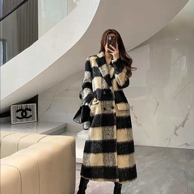 チェック ウール ロング コート レディース ミモレ丈 チェスターコート シャギー アウター テーラードコート 長袖 オーバーサイズ ロング丈 セミフレア スタンダードシルエット ダブルブレスト シンプル カジュアル エレガント フォーマル 暖かい 防寒対策 大人 上品 通勤 チェック ウール ロング コート レディース ミモレ丈 チェスターコート