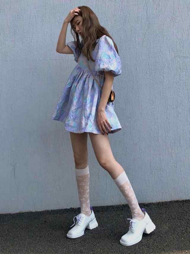 レディース ワンピース ショート丈 半袖 ボリューム袖 パフスリーブ