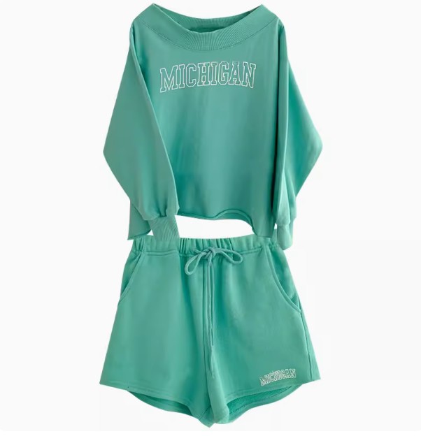 セットアイテム 2点セット レディース トレーナー スウェット セットアップ ショート ボリューム袖 ウエストゴム かわいい おしゃれ かっこいい ラフ メンズライク マニッシュ スポーティー クール お出かけ 休日 楽ちん 体型カバー 普段使い ワンショルダー グリーン セットアイテム 2点セット レディース トレーナー スウェット