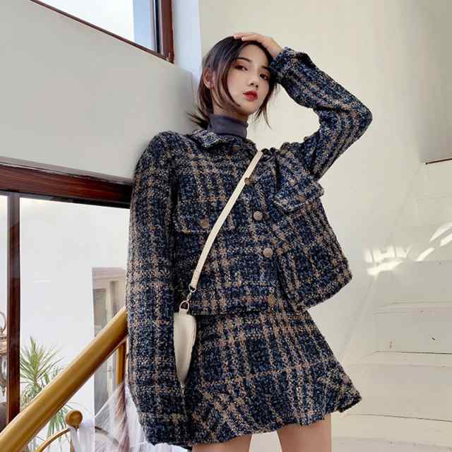 スカート セットアップ コンビネゾン ショート 膝上 長袖 襟付き スリム 細身 ストリート 中厚手 きれいめ シンプル おしゃれ 格子柄 秋 冬 発表会 会議 MTG ミーティング オフィス ビジネス OL 通勤 アウトドア イベント 暖かい 流行 S M L XL 深緑 ベーシックカラー