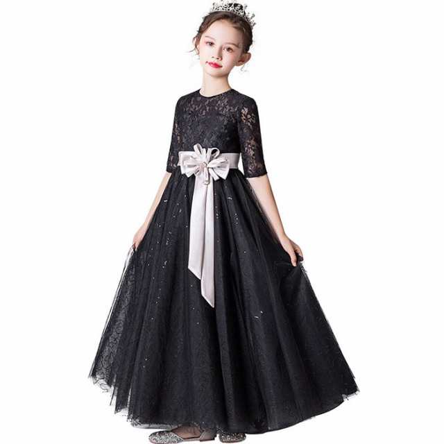 ピアノ発表会 子供ドレス 黒 ワンピース 女の子 半袖 レース フラワー
