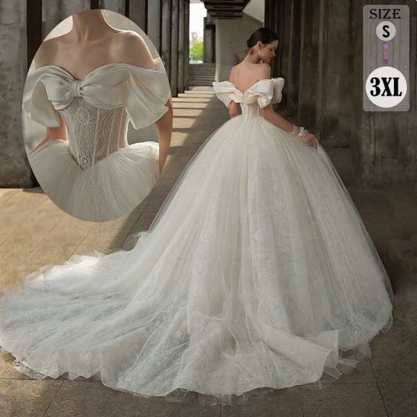 ウェディングドレス プリンセスドレス Aライン オフショルダー トレーンタイプ サテン 光沢感 シンプル 美しい 花嫁 結婚式 二次会 披露宴 花嫁 ウェディングドレス 袖あり オフショルダー Aライン 白ドレス