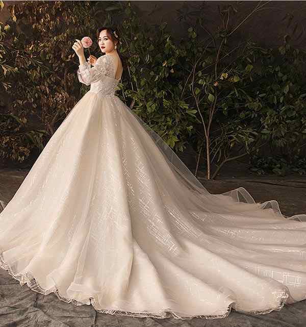 ウェディングドレス 袖あり 長袖 大きいサイズ ぽっちゃり シャンパン