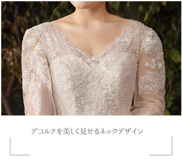 ウェディングドレス 袖あり 長袖 大きいサイズ ぽっちゃり シャンパン