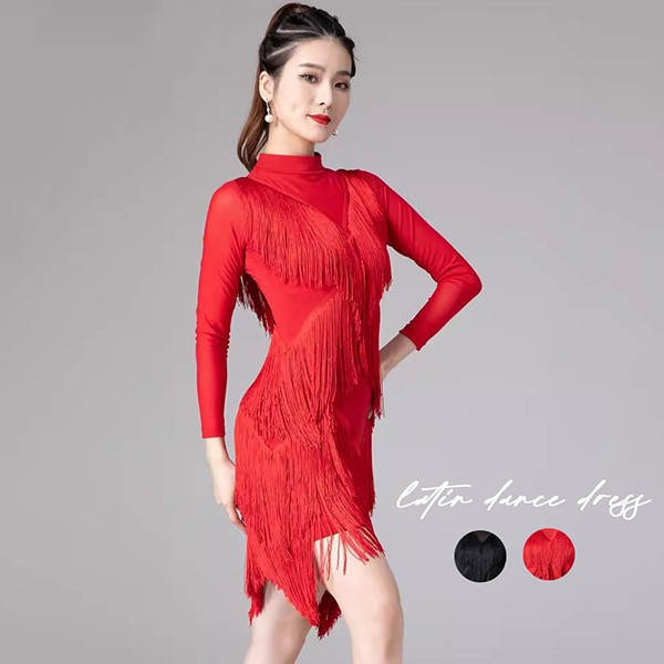 社交ダンス ラテンドレス 社交ダンス ワンピース ダンス衣装 演技服 ワンピース 透け感 装飾あり 練習着 長袖 ワルツ チャチャチャ ラテン ステージ衣装 演出着 演出用 フリンジ 黒 赤as015s1s1l9