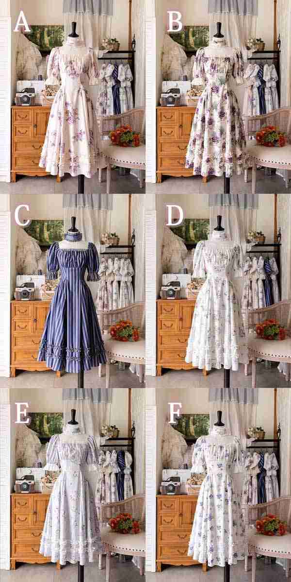 ロリータ ワンピース 花柄 春夏用 ミモレ丈 半袖 リボン パフスリーブ