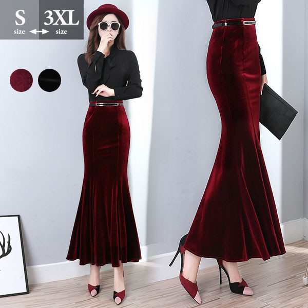 ロングスカート マーメイドライン マキシ丈 ベルベット ロング丈 春 秋 冬 マーメイドスカートロング スカートレディース マキシ丈スカートマーメイドスカート タイト シンプル レース 着痩せ 着心地抜群 美脚ライン きれいめ ブラック 黒 ワインレッド 赤 3XL 4XL