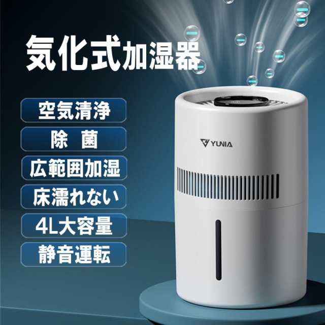 【今だけOFF！】加湿器 気化式 4L 空気清浄 大容量 花粉 除菌 おしゃれ 上から給水 水漏れしない 2段階風量設定 お手入れ簡単 水量確認可能 省エネ 卓上 usb