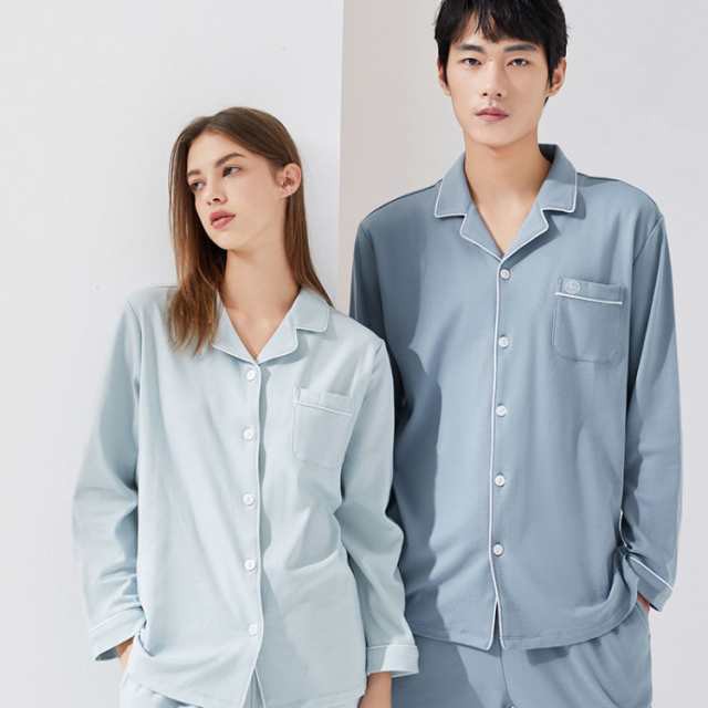 パジャマ カップル 綿100 ブルー 前開き Vネック 長袖 長ズボン 薄手 無印 ポケット ルームウェア 室内着 上下セット ホームウェア 部屋着 無地 春夏 快適 秋冬 快眠 肌に優しい ペア ホーム お泊り 出張 旅行 おうち時間 合宿 通気 シンプル パジャマ カップル 綿100 ブルー 前開き Vネック 長袖 長ズボン 薄手