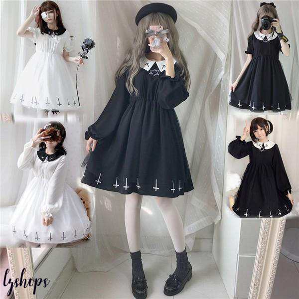 ゴスロリ 半袖ワンピース ロリータ 長袖 パンク ゴシック コスプレ メイド 黒 白 S M Lコスプレ衣装