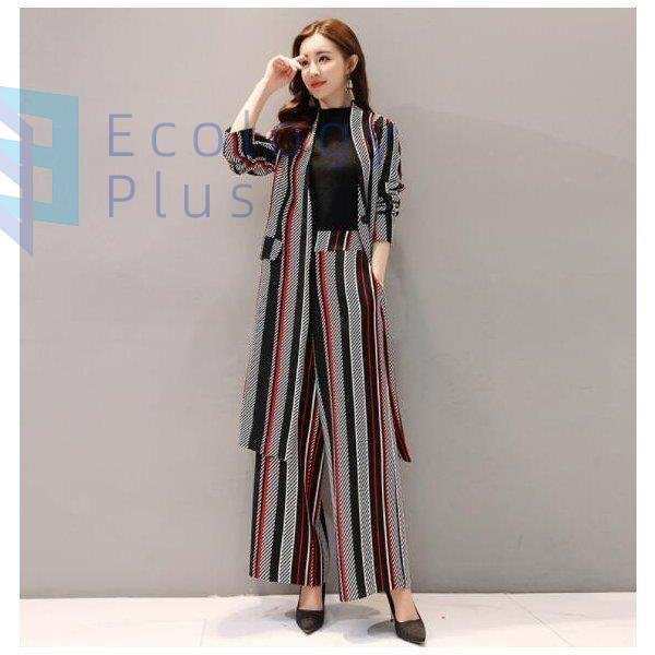 レディース セットアップ スーツセット ロングジャケット ワイドパンツ ガウチョパンツ ストライプ柄 着痩せ 大きいサイズ カジュアル 通勤 OL レディース セットアップ スーツセット ロングジャケット ワイドパンツ