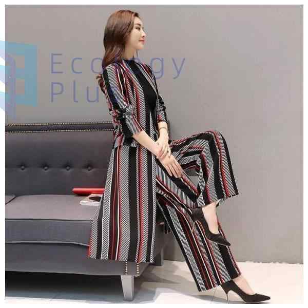 レディース セットアップ スーツセット ロングジャケット ワイドパンツ ガウチョパンツ ストライプ柄 着痩せ 大きいサイズ カジュアル 通勤 OL