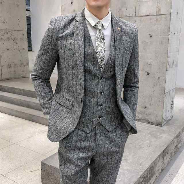 スーツ メンズスーツ ビジネススーツ フォーマルスーツ ストライプ柄 スリム ジャケット ベスト パンツ ズボン 3点セット_3