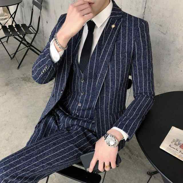 スーツ メンズスーツ ビジネススーツ フォーマルスーツ ストライプ柄 スリム ジャケット ベスト パンツ ズボン 3点セット_6