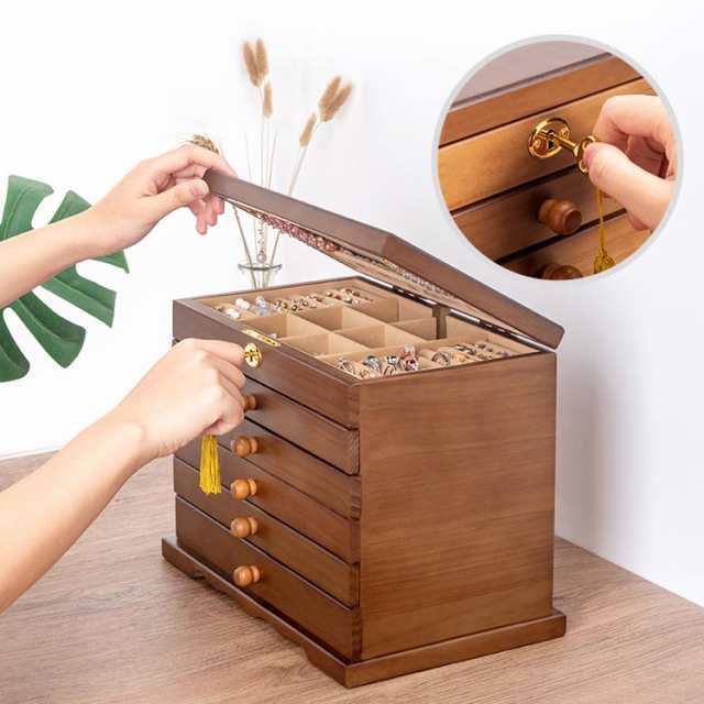 木製 ブラウン アクセサス 鍵付き 宝石箱 ジュエス 6段 大容量 ジュエリーケース 鏡付き 小物入れ 引き出しアクセサリー入れ 指輪 ピアス ネックレス イヤリング 収納 アンティーク おしゃれ 可愛い ナチュラル 茶色 アクセサリーケース_2
