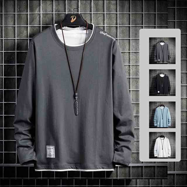 Tシャツ メンズ 長袖 おしゃれ 白Tシャツ ロンT T-shirt スポーツ 長袖tシャツ 配いろ 涼しい カジュアルクルーネック 丸首 プリント 春秋冬 メンズ 長袖 ロンt 長袖tシャツ 重ね着風 ロングtシャツ ロンティー 秋服