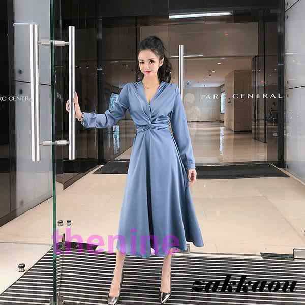 ワンピース レディース 秋 冬 40代 きれいめ 長袖ワンピース Vネック ロング丈 Aライン 上品 大きいサイズ パーティードレス おしゃれ 韓国風 着痩せ OL 新品