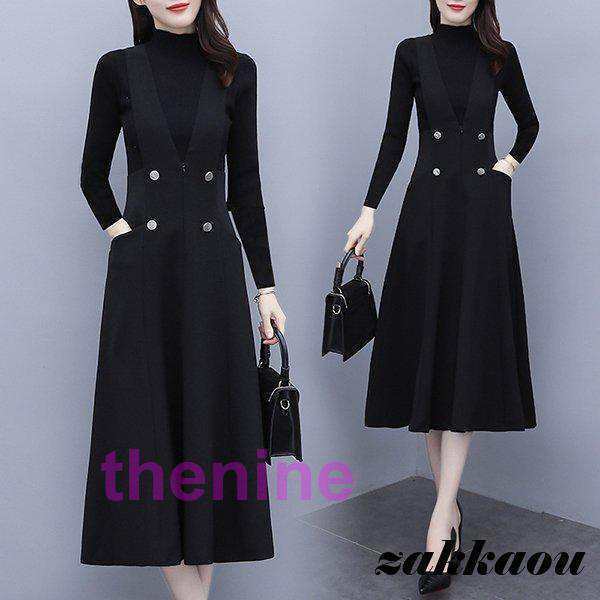 ワンピース レディース 秋 冬 40代 きれいめ 2点セット 長袖 セーター サロペット ロング丈 上品 大きいサイズ パーティードレス おしゃれ 韓国風 着痩せ 新品