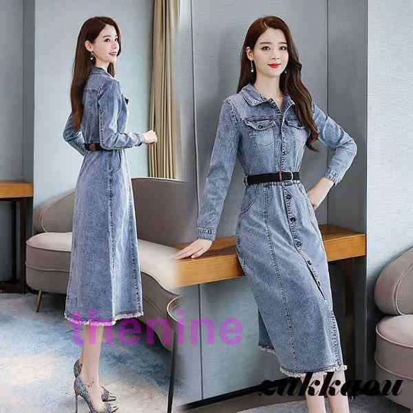 ワンピース レディース 秋 冬 40代 きれいめ 長袖 デニムワンピース ロング丈 Aライン 上品 大きいサイズ パーティードレス おしゃれ 韓国風 着痩せ OL 新品