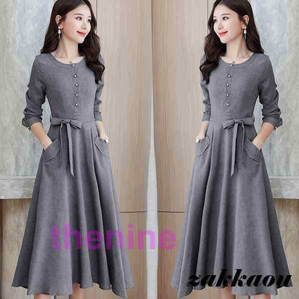 ワンピース レディース 秋 冬 40代 50代 きれいめ 長袖 マキシワンピース 綿麻 ロング丈 上品 大きいサイズ パーティードレス おしゃれ 韓国風 着痩せ OL 新品