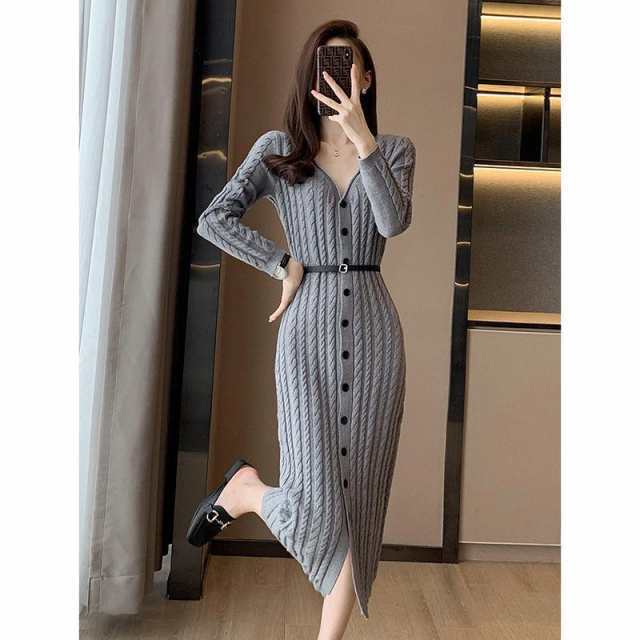 ニットワンピース レディース ケーブル編み 無地 ひざ丈 ミモレ丈