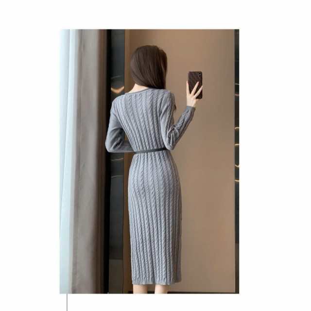 ニットワンピース レディース ケーブル編み 無地 ひざ丈 ミモレ丈
