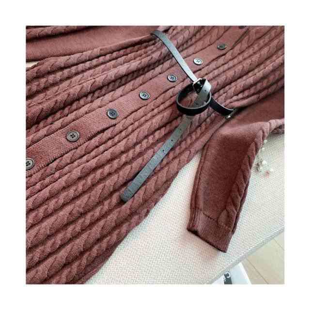 ニットワンピース レディース ケーブル編み 無地 ひざ丈 ミモレ丈