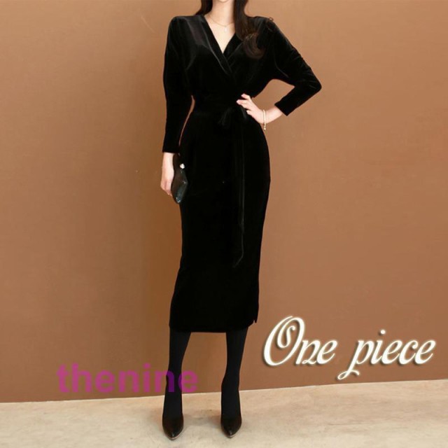 ワンピース レディース 秋服 春 冬 ドレス セクシー ひざ丈 腰括れ ベルベット フォーマル ブラック 無地 キレイめ おしゃれ 卒業式 服 母 着痩せ 通勤 OL