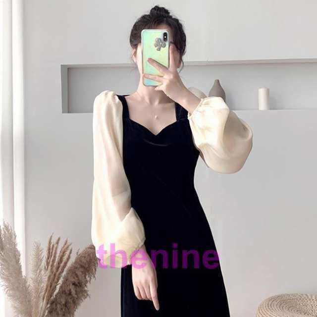 ベロアワンピース レディース ロングワンピ 長袖 春 ワンピース レトロ バルーンスリーブ ドレス マキシ丈ワンピース バーティー 結婚式 宴会