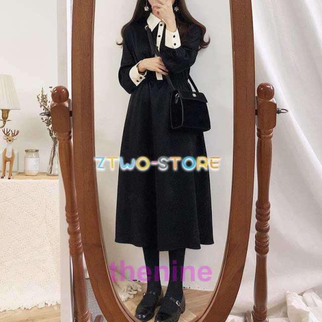 レディース ワンピース 秋冬 シャツワンピース ドレス 長袖 ロング丈 ミディ丈 ミモレ丈 Aライン 襟 バイカラー モノトーン レトロ ガーリー お呼ばれ おし