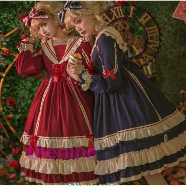長袖ワンピース ロリータ服 ドレス 膝丈 ミモレ丈 可愛い お姫様 ドレスフリルロリータ風ワンピ ロリータワンピース ゴシックロリータドレス