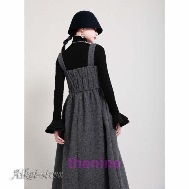 ワンピース レディース 秋冬 ロング ジャンパースカート 大人 ギャザー キャミワンピース ノースリーブ ジャンスカ ラシャ 厚手 黒 グレー