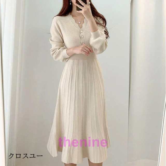 プリーツニットワンピース ニットワンピ　秋冬　Vネック　タイト レディース プリーツ　長袖　ロングワンピース　膝下丈　ドレス　レディースワンピース　お呼ば