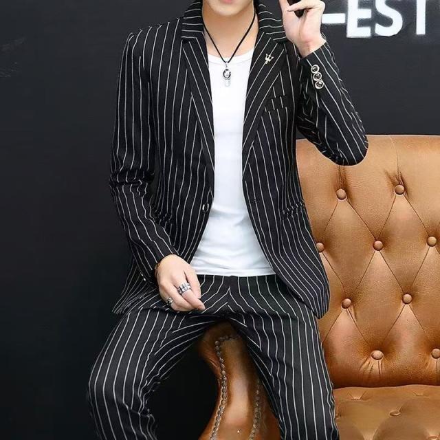 【ほっち】夏sale夏用スーツ上下セット2色メンズカジュアルサマースーツセットアップ無地ストライプテーラード長袖スキニーパンツ紳士服春夏結婚式