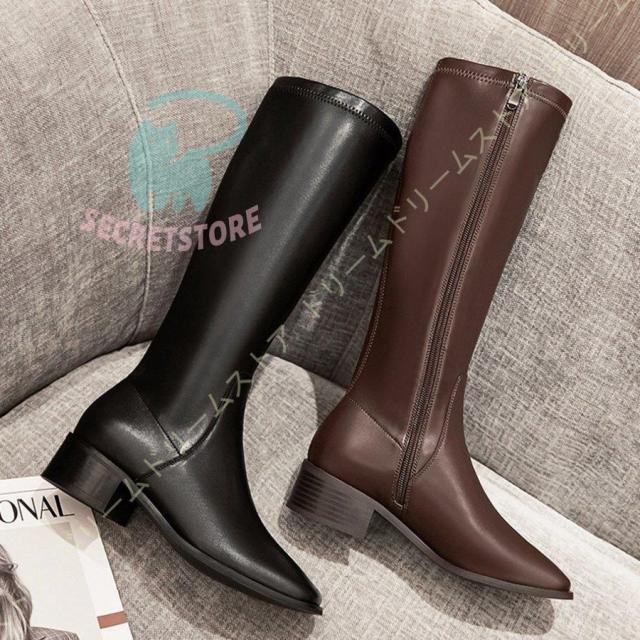 【ほっち】ジッパー ロングブーツ レディース ジョッキーブーツ ヒール ロング ブーツ 本革 黒 美脚 ローヒール 疲れない ブーツ バイク用ブーツ 痛くない 走れる