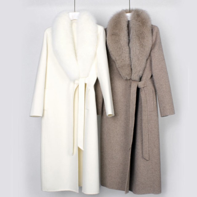【ほっち】ウール100％ ウールコート ロング カシミヤコート カシミアコート レディース フォックス ファー ファーコート アウター ロングコート ウール カシミヤ フォックス 衿付き 取り外し可能 高級感 ウールコート フォックス ファー_1