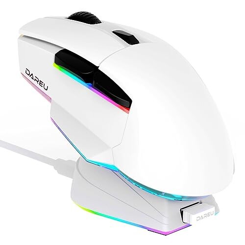 DAREU ゲーミングマウス A955 ワイヤレス RGB 白/ホワイト 無線2.4G/Bluetooth/有線USB接続可能 充電スタンド付き 12000DPI KBS2.0 プロ