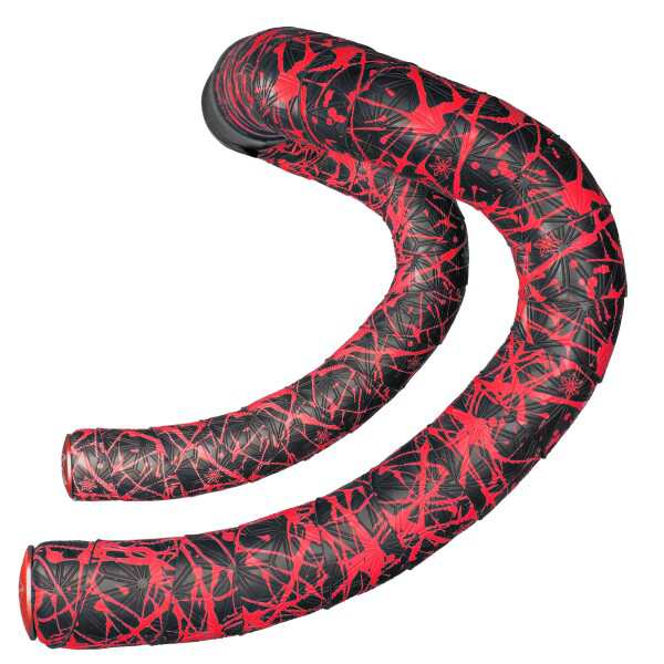 SUPACAZ Bar Tape ? Length: 2200mm ? Super Sticky Kush - Splat - Neon Red + Red Star Plugz