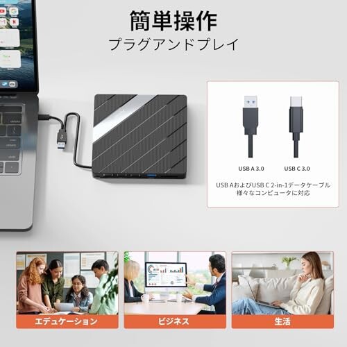 Alxum CD DVDドライブ 外付け USB3.0＆Type-C両接続CDプレーヤーSD/TFスロット＆USBポート付き超高速データ入出力CD 24X DVD 8X 光学ドラ