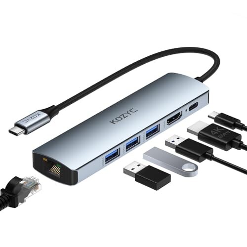 USB C ハブ マルチポート アダプター、KOZYC 6 IN 1 USB C - HDMI ドック、HDMI 2.0 1 つ、1Gbps RJ45 イーサネット、USB 3.0 3 つ、100W