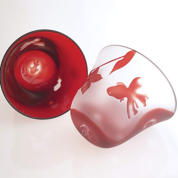 (即ギフト！)〜金魚〜ガラス おちょこ ペア goldfish sake cup (red)