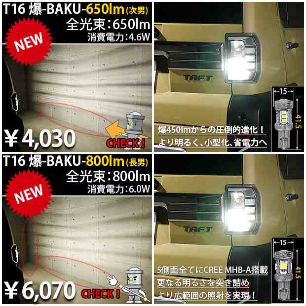 ダイハツ タフト (LA900S/910S) 対応 LED バックランプ T16 爆-BAKU-650lm ホワイト 6600K 2個 後退灯  7-B-4の通販はau PAY マーケット - ピカキュウ【車用LEDバルブ専門店＆サウナ用品】 | au PAY マーケット－通販サイト