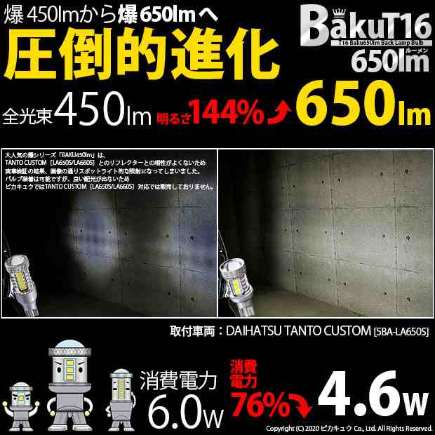 ダイハツ タントカスタム (LA650S/660S) 対応 LED バックランプ T16 爆-BAKU-650lm ホワイト 6600K 2個 後退灯  7-B-4の通販はau PAY マーケット - ピカキュウ【車用LEDバルブ専門店＆サウナ用品】 | au PAY マーケット－通販サイト