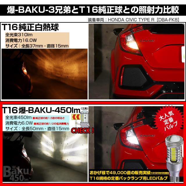 単 T16 LED バックランプ 爆光 バルブ 爆-BAKU-650lm ホワイト 白 