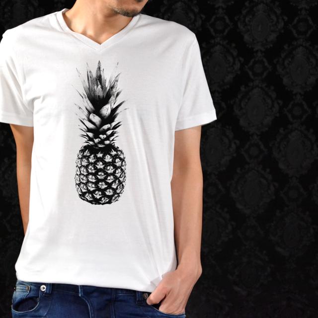 プリントtシャツ Vネック パイナップル 夏 果物 野菜 フルーツ 南国 半袖 Tシャツ ホワイト白モノクロ Prt001の通販はau Pay マーケット ブラックバリア